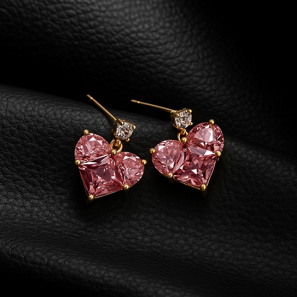 Pair of heart‑shaped earrings with pink stones and gold finish.