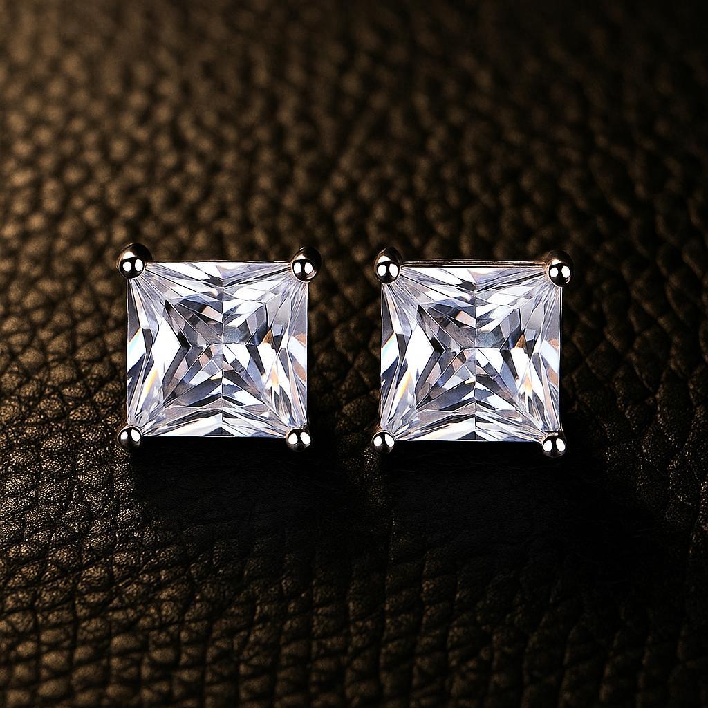 Pair of square stud earrings with clean edges and sparkling stones.