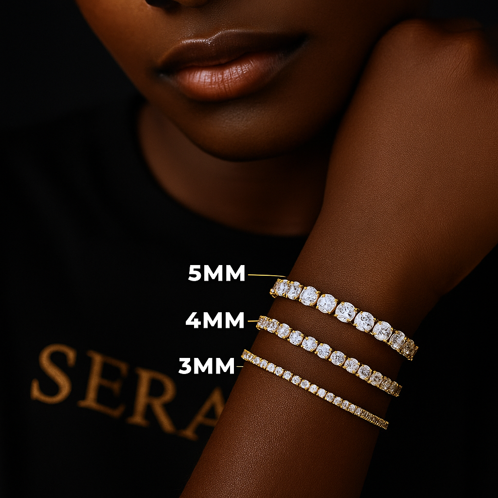 Classic tennis bracelet with a row of round stones encircling the wrist.