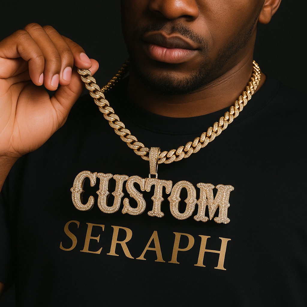 Large block letter pendant encrusted with stones and paired with a gold cuban link chain.