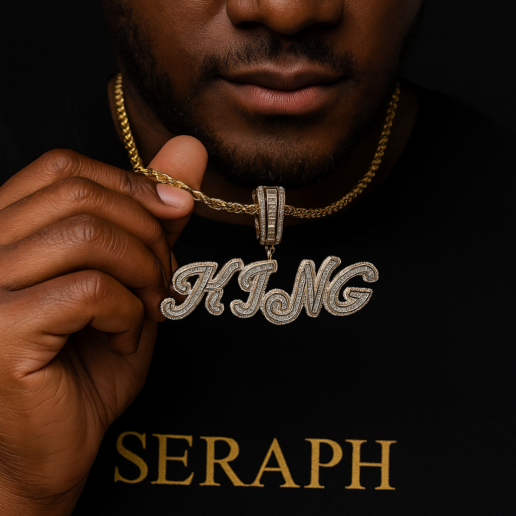 Cursive letter pendant with shimmering stones, hanging from a rope chain.