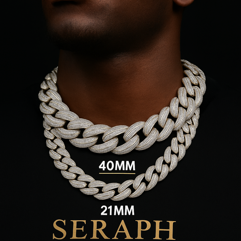 Baguette‑style Cuban chain covered in rectangular stones and gold plated.