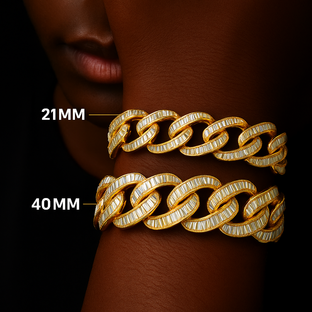 Cuban bracelet with baguette set stones, shimmering along each link with gold plating.