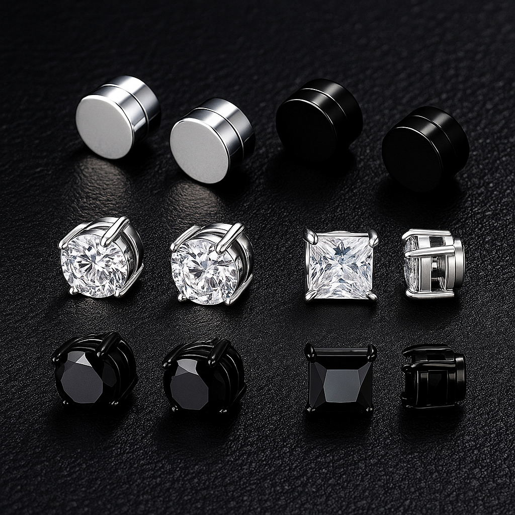 Set of multiple stud earrings in different shapes and colours, each with sparkling stones.