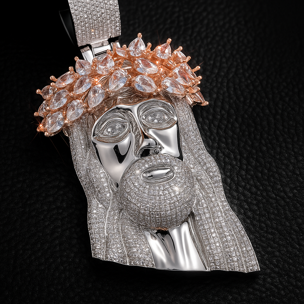 Detailed pendant shaped like Jesus’ head with a crown of thorns encrusted in stones.