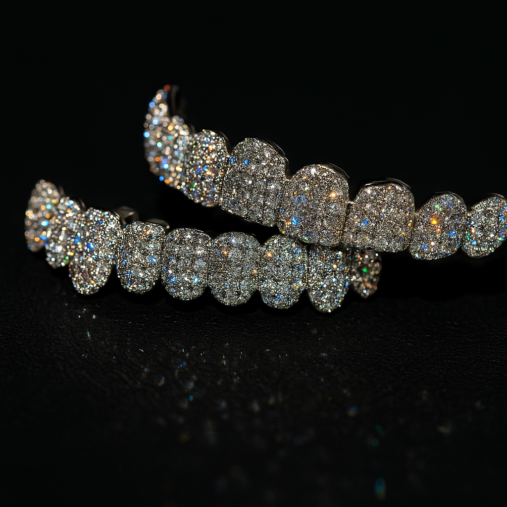 Set of grillz fully covered in sparkling stones and gold‑tone metal.