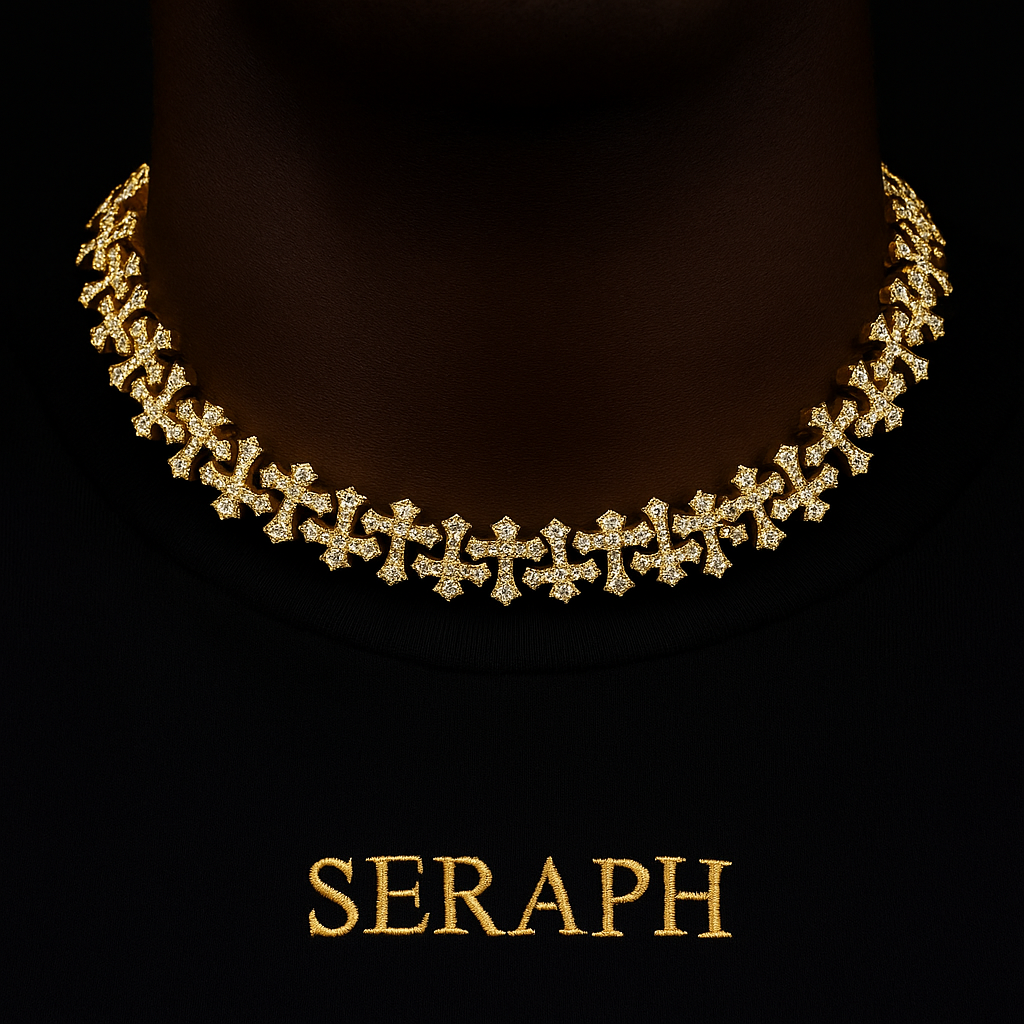 Necklace featuring uniform links with shimmering stones and a golden hue.