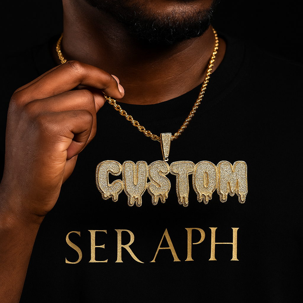 Custom letter pendant spelling “CUSTOM,” iced out with stones and attached to a chain.