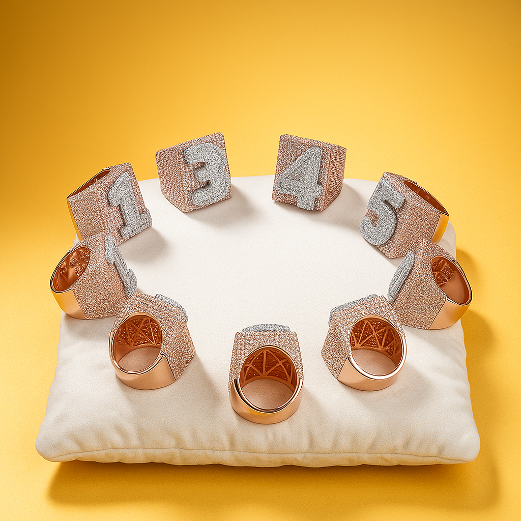 Group of rings with customized letters encrusted in baguette moissanite diamonds and gold plated.