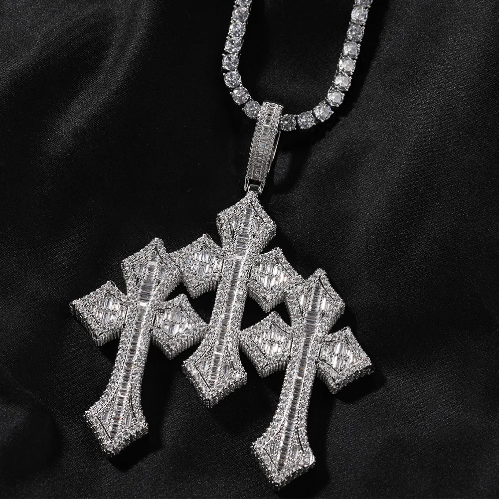 Triple Cross pendant with pavé stones and white gold finish