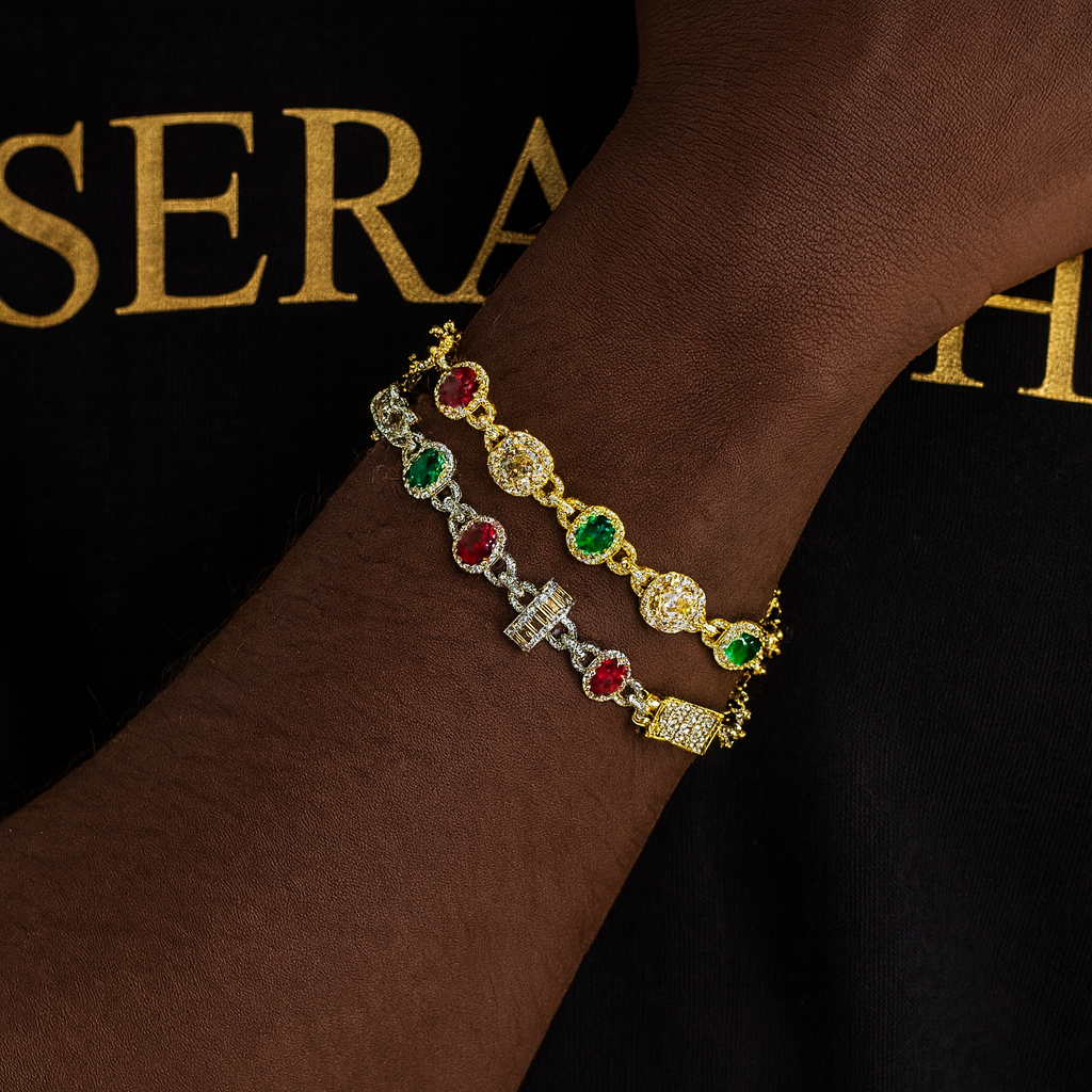 Bracelet featuring alternating coloured stones set in gold‑tone links.