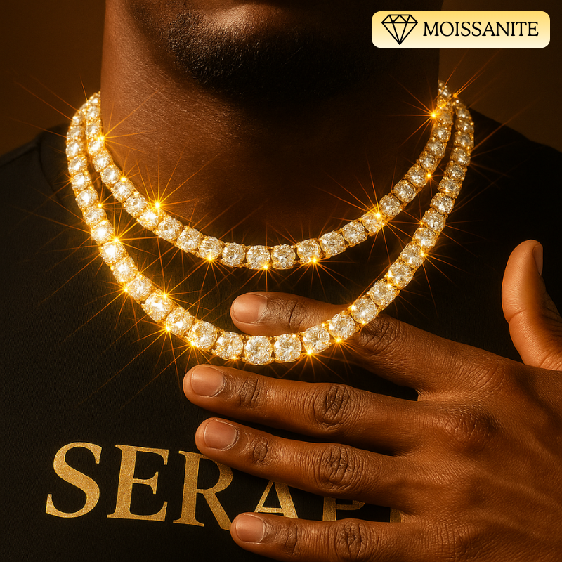Close‑up of a tennis chain featuring moissanite stones on silver links.